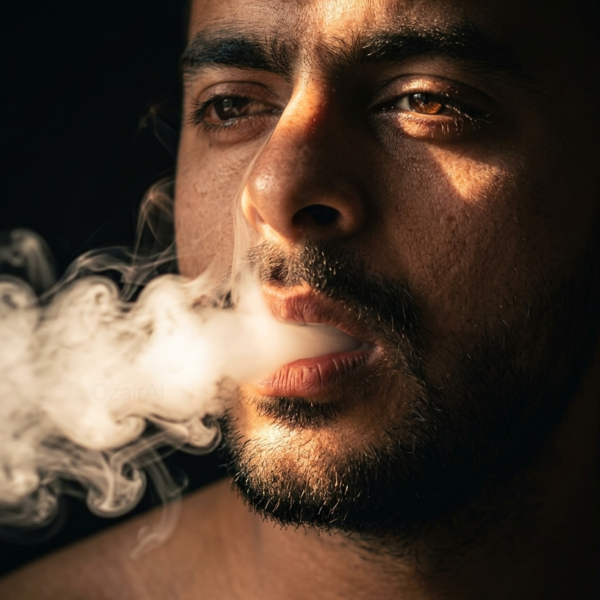 Ultra-Realistic Smoke Exhale Portrait in Dramatic Low-Key Lighting
