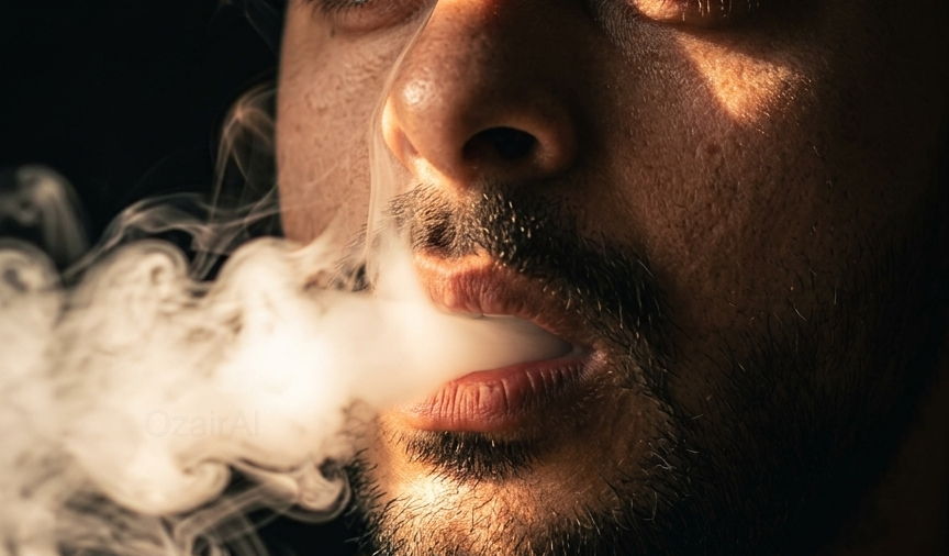 Ultra-Realistic Smoke Exhale Portrait in Dramatic Low-Key Lighting