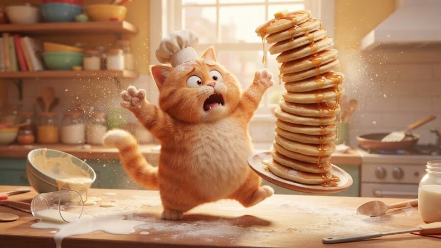 Clumsy Baker Cat in Disney Animation Style