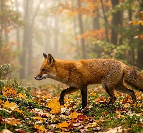 Red Fox in Autumn Forest Fog
