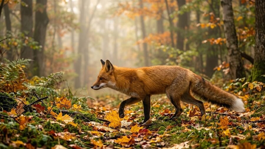 Red Fox in Autumn Forest Fog