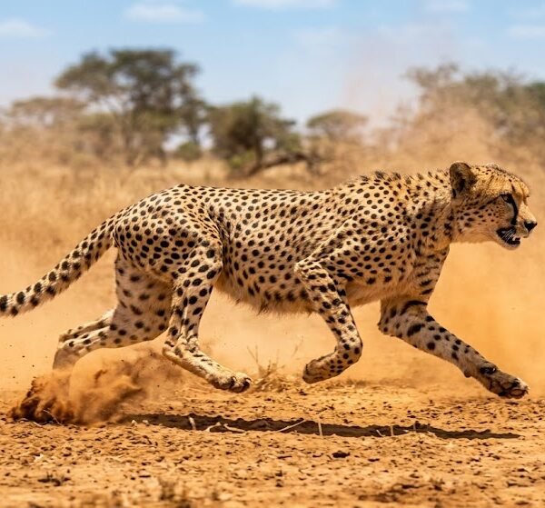 Speeding Cheetah Sprinting Across Dusty Savanna