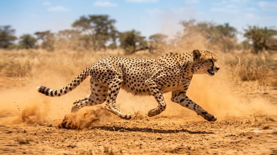 Speeding Cheetah Sprinting Across Dusty Savanna