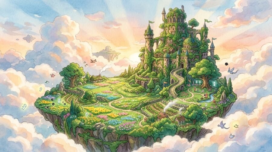 Enchanted Ghibli Style Floating Island