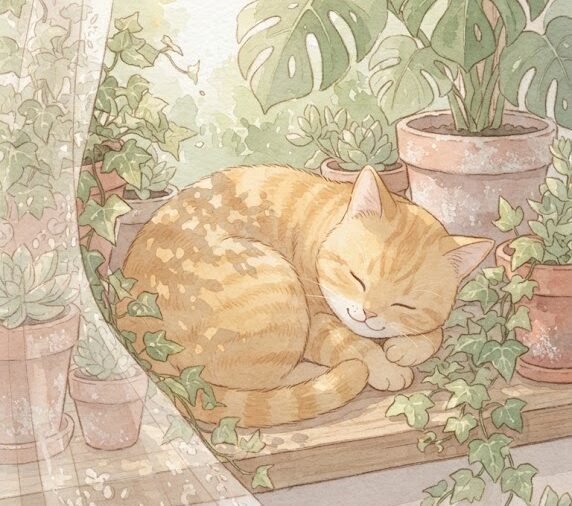 Cozy Botanical Watercolor Cat Wallpaper