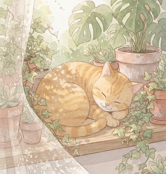 Cozy Botanical Watercolor Cat Wallpaper