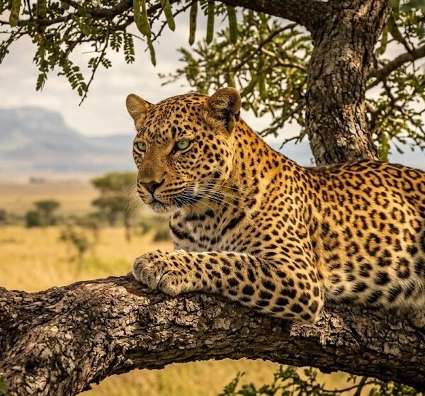 Regal African Leopard Resting on Acacia Tree