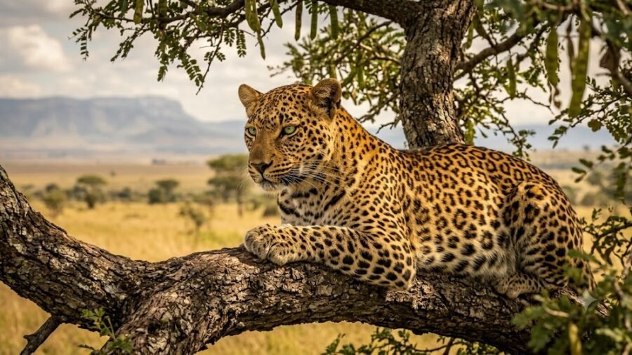 Regal African Leopard Resting on Acacia Tree
