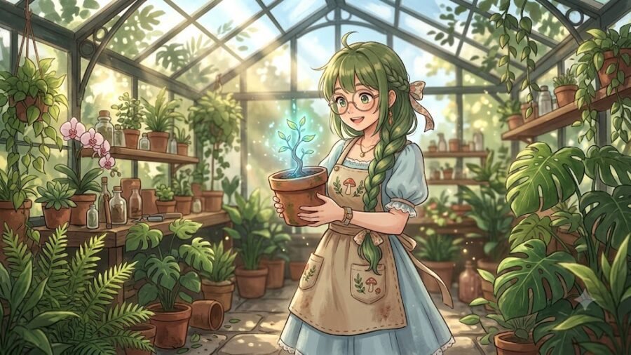 Sunlit Greenhouse Botanist Girl
