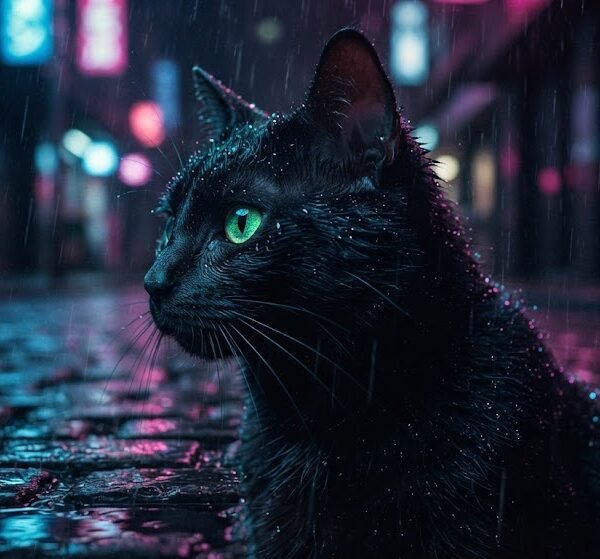 Sleek Black Cat Cinematic Rain Reflections