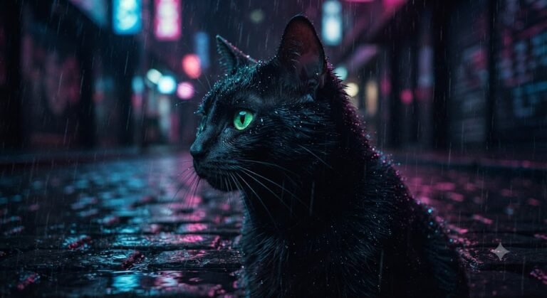 Sleek Black Cat Cinematic Rain Reflections