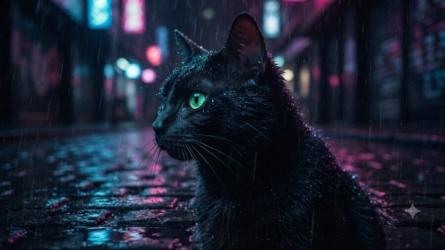 Sleek Black Cat Cinematic Rain Reflections