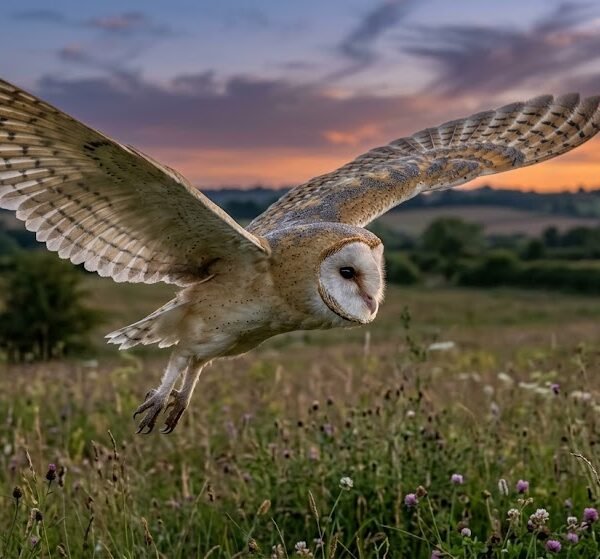 Barn Owl in Flight at Dusk
