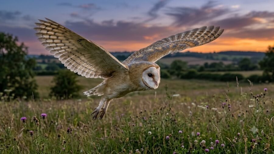 Barn Owl in Flight at Dusk