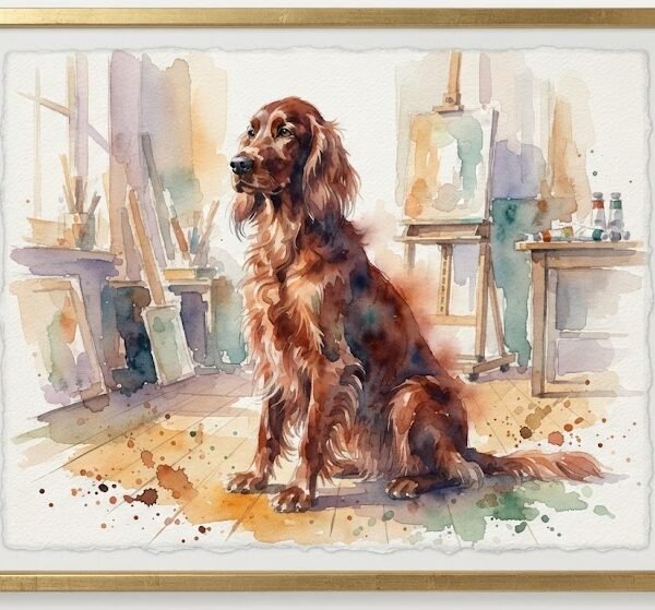 Vintage Watercolor Irish Setter Studio Portrait