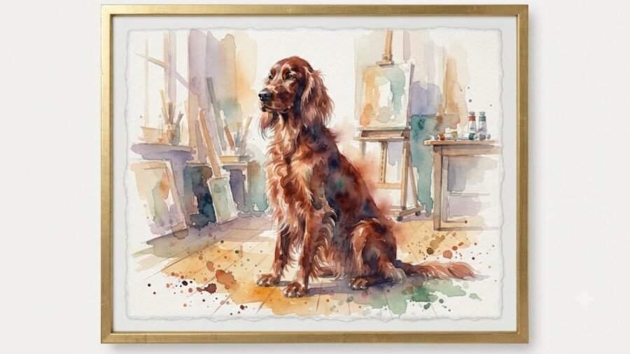 Vintage Watercolor Irish Setter Studio Portrait