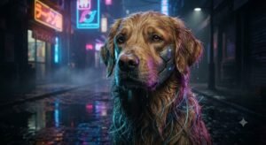 Cybernetic Golden Retriever in Neon Rain