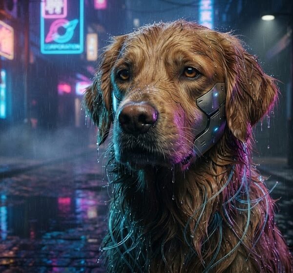 Cybernetic Golden Retriever in Neon Rain