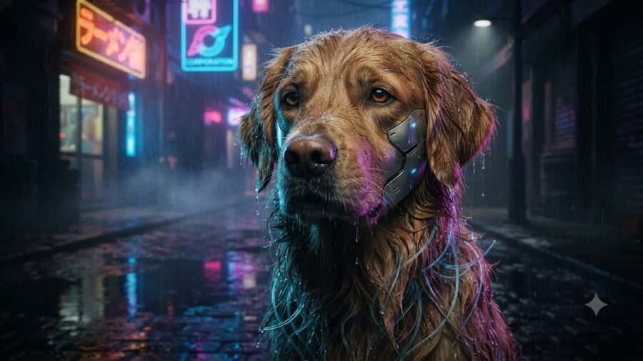 Cybernetic Golden Retriever in Neon Rain