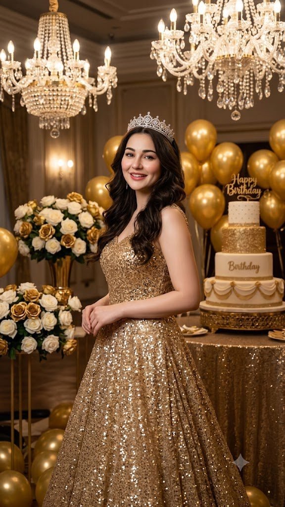 Birthday Queen in a Luxury Golden Ballroom