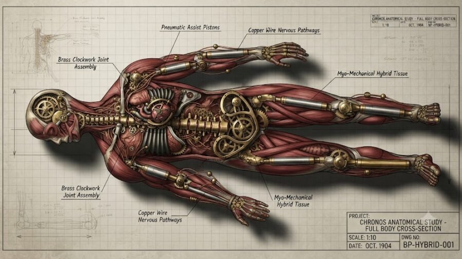 Industrial Steampunk Mechanical Human Body Cross-Section