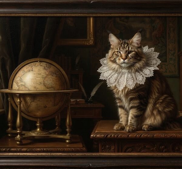 Renaissance Scholar Cat with Antique Globe