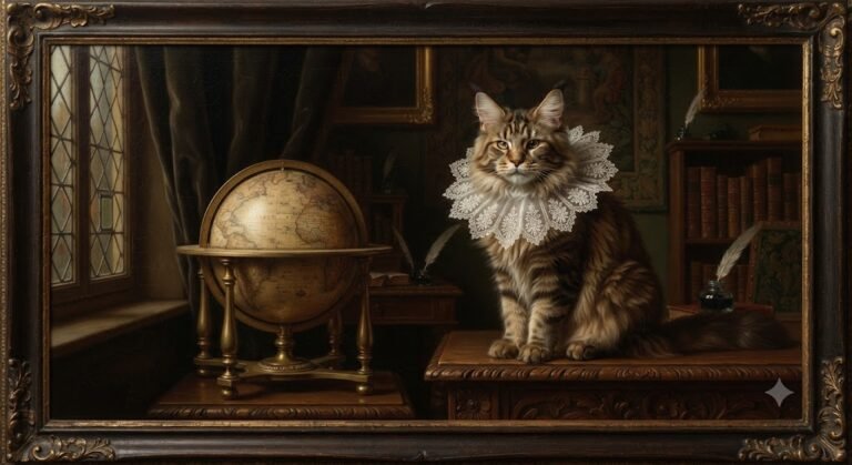 Renaissance Scholar Cat with Antique Globe