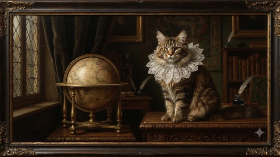 Renaissance Scholar Cat with Antique Globe