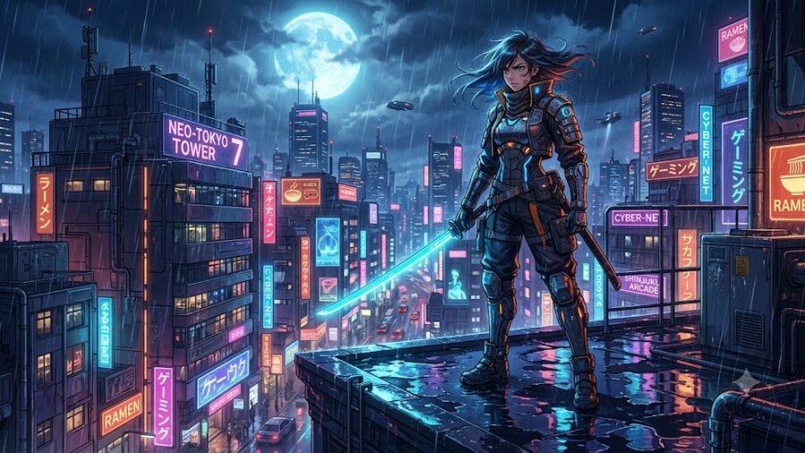 Cyberpunk Neon Samurai Girl