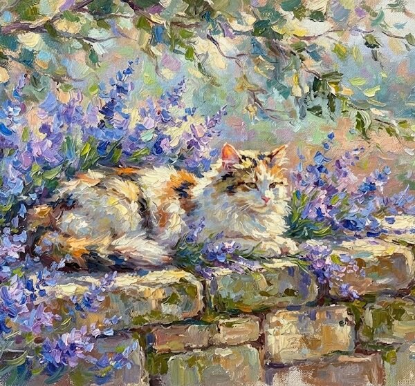 Sunlit Impressionist Calico in Blooming Garden