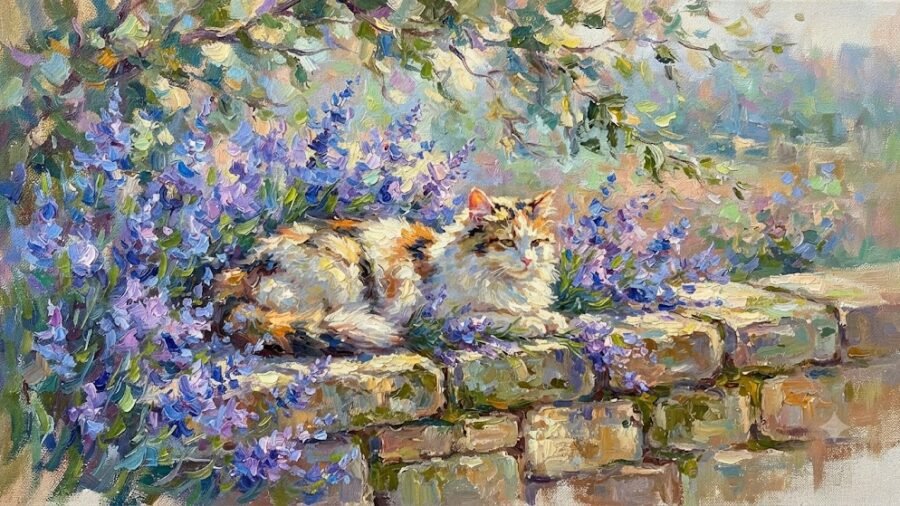 Sunlit Impressionist Calico in Blooming Garden
