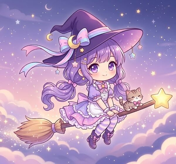 Pastel Magical Chibi Witch and Broom