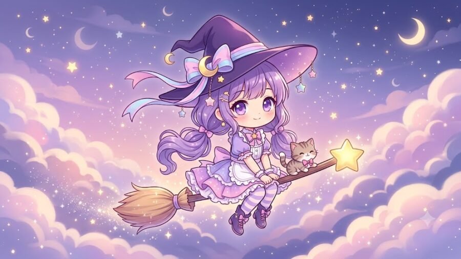 Pastel Magical Chibi Witch and Broom