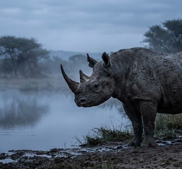 Powerful Black Rhino at Misty Waterhole