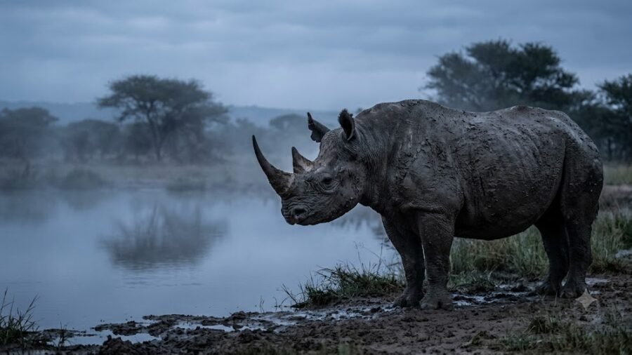 Powerful Black Rhino at Misty Waterhole