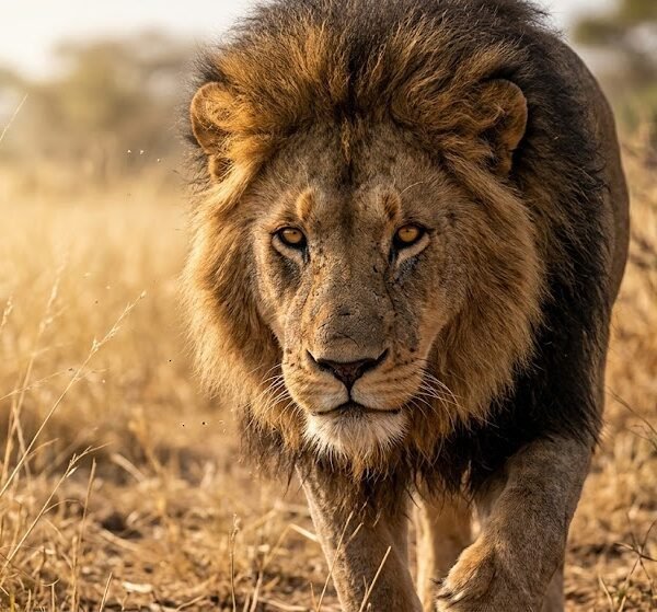 Prowling Male Lion in Tall Savanna Grass
