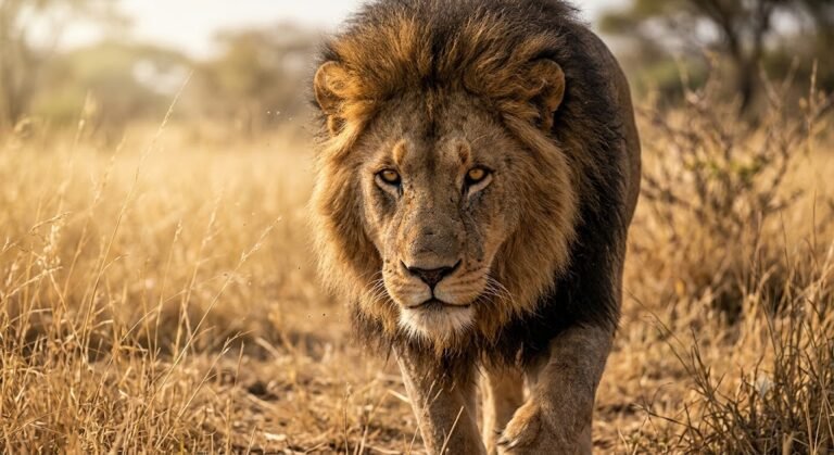 Prowling Male Lion in Tall Savanna Grass
