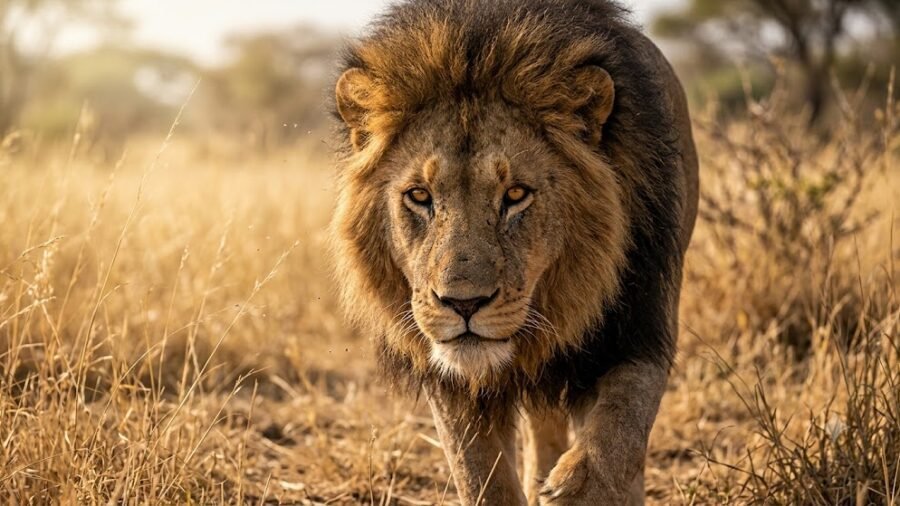 Prowling Male Lion in Tall Savanna Grass