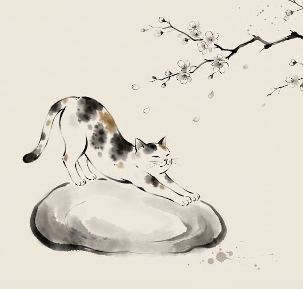 Minimalist Japanese Ink Wash Cat Desktop