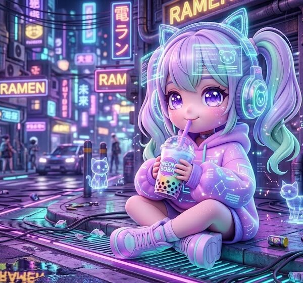 Cozy Cyberpunk Chibi Hacker Girl