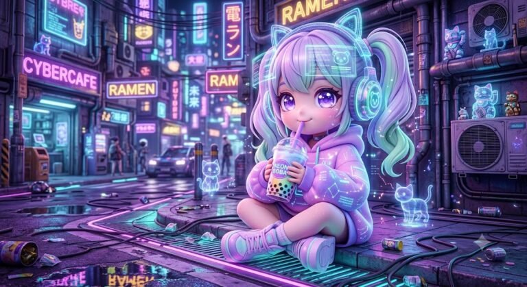 Cozy Cyberpunk Chibi Hacker Girl