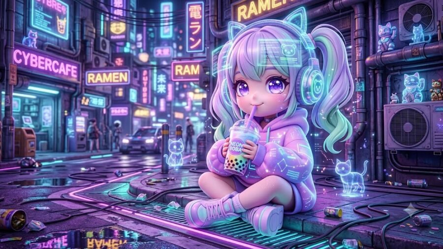 Cozy Cyberpunk Chibi Hacker Girl