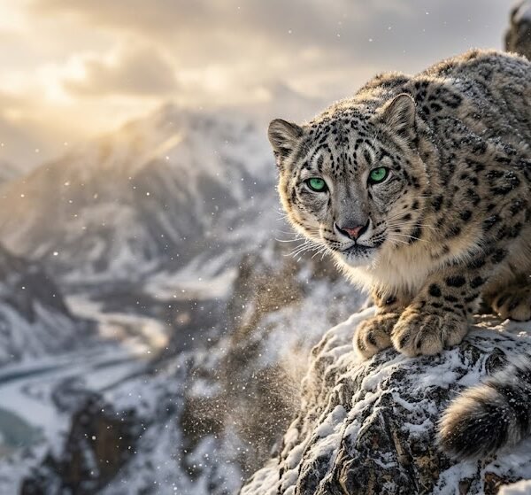 Majestic Snow Leopard in Winter Mountain