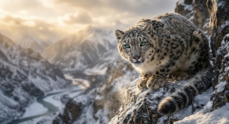 Majestic Snow Leopard in Winter Mountain