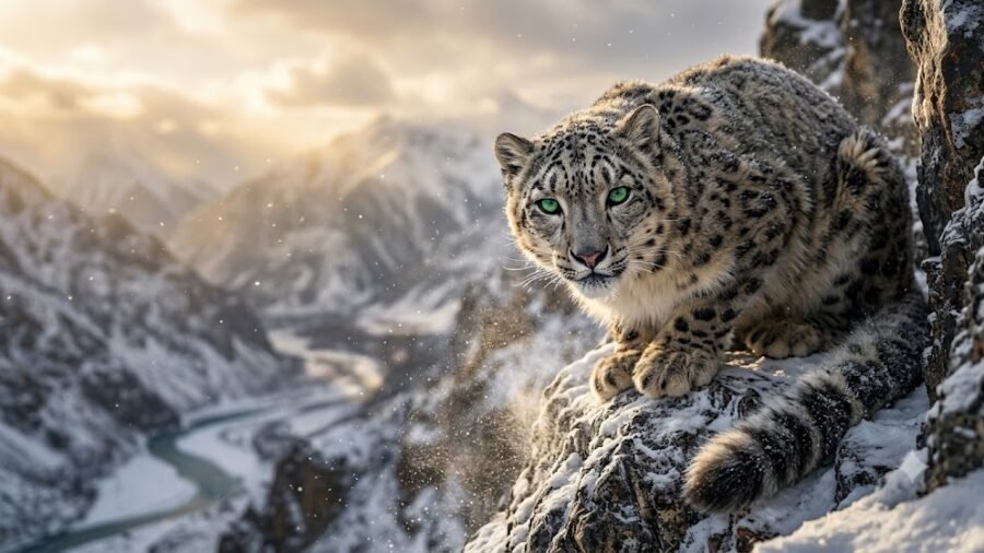 Majestic Snow Leopard in Winter Mountain