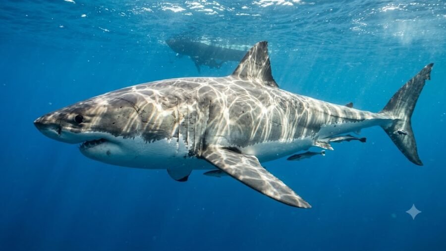 Great White Shark in Deep Ocean