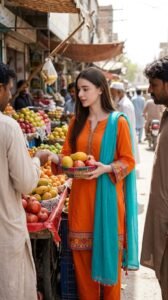 Orange Outfit at a Fruit Market