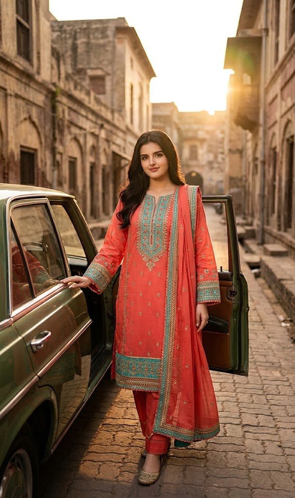 Coral Outfit by a Vintage Car