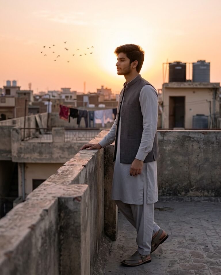 Rooftop Sunset — Light Grey Shalwar Kameez