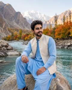 Sky Blue Shalwar Kameez by the Hunza River